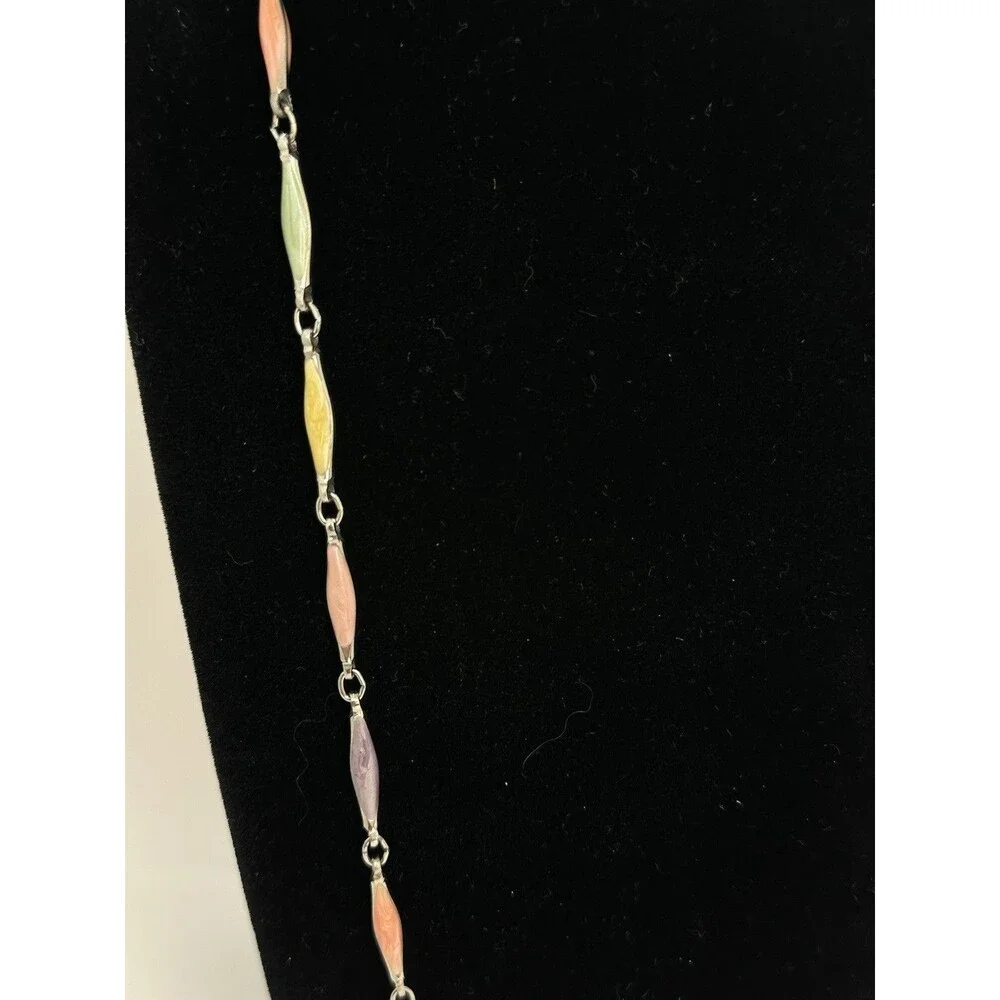 Vintage Pastel Enamel Link Necklace Gold Tone Green Yellow Purple Pink